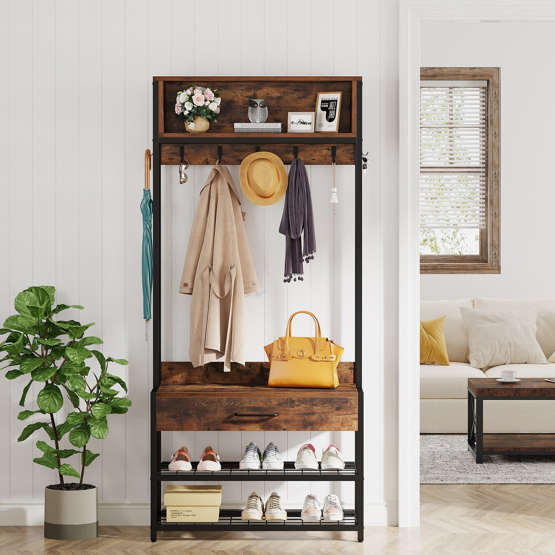 Tribesigns Coat Rack Shoe Bench, Entryway Hall Tree with Drawer & Hooks Tribesigns